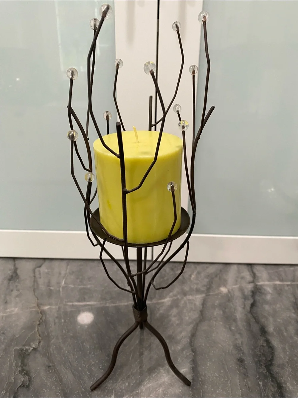 Yellow Pillar Candle in Decorative Metal Branch Holder